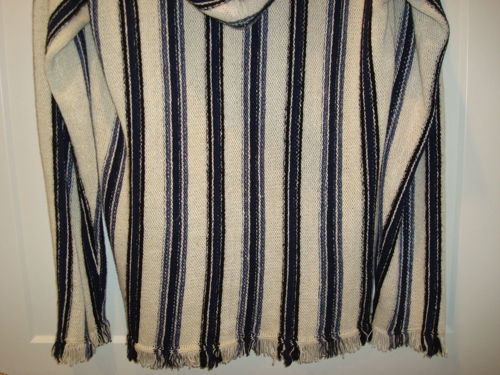 Felpa con cappuccio pullover GUC Tory Burch taglia Med Runway Baja misto lino tunica righe blu