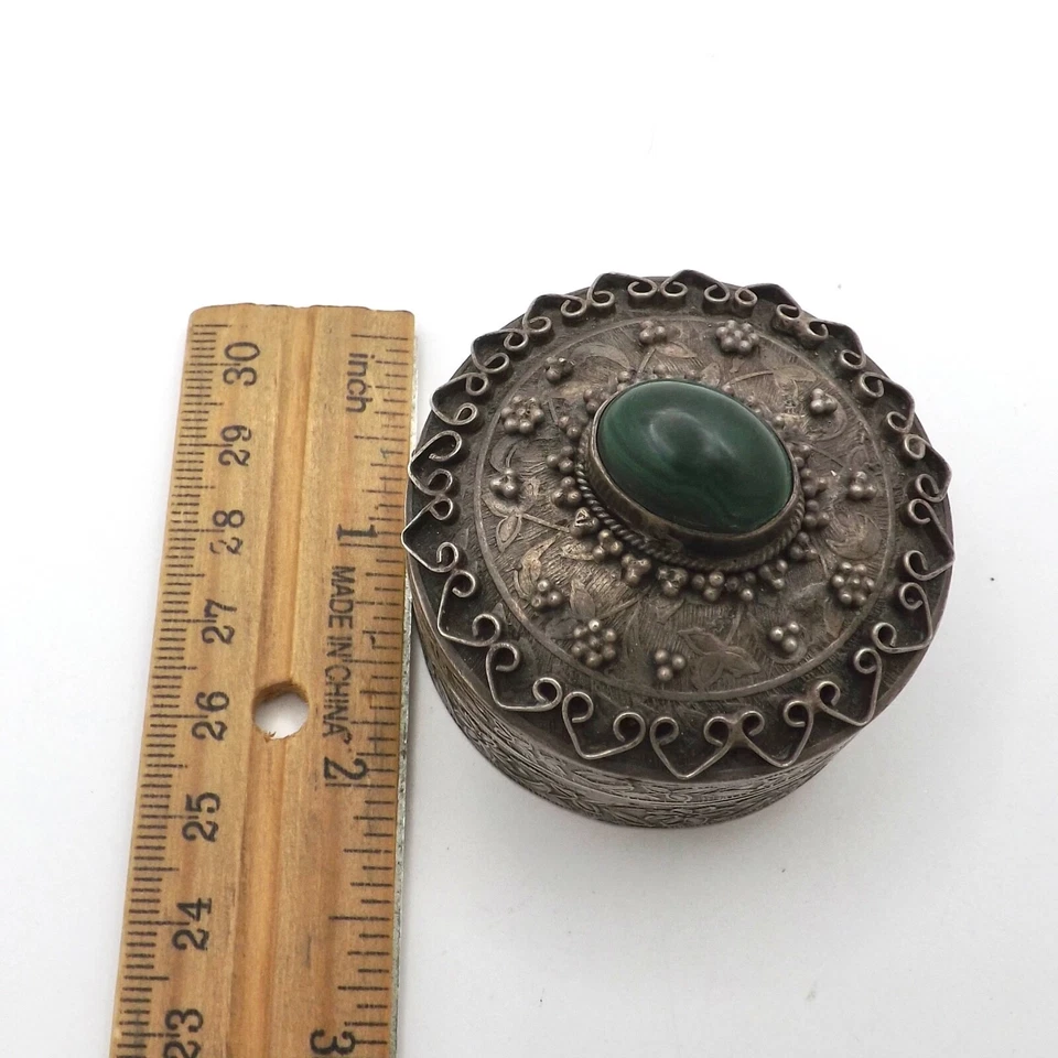 Antiguo joyero baratija floral con cuentas malaquita plata 800 48gr Foto 3 de 4