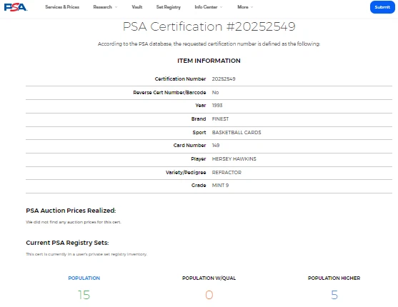 1993-94 Topps Finest Refractor #149 Hersey Hawkins PSA 9 *Solo 5 más alto* Foto 3 de 3
