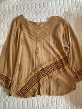 Vintage Blouse. 3/4 Sleeve. Tan With Embroidery. See Through Sections. Medium.