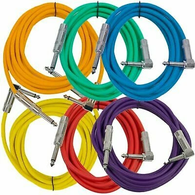 SEISMIC AUDIO 6 Pack - 10' Colored Guitar Cables TS 1/4" to Right Angle - Instrument Cord