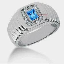Natural Blue topaz & CZ Gemstones with 925 Sterling Silver Ring  For men's  #668