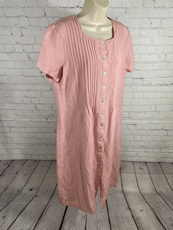 Vestido Plisado Orvis Rosa Pálido Concha de Ostra Botón Mezcla de Lino Talla Pequeña Grande Foto 2 de 4