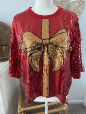 Simply Southern Sequin Shirt Top Tee Red Bow Present Gift Short Sleeve Medium M