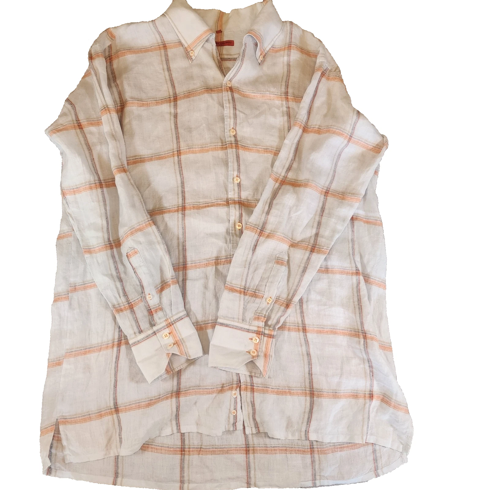 LUCHIANO VISCONTI Men's Large100% LINEN Button Down Long Sleeve Light BLue Plaid