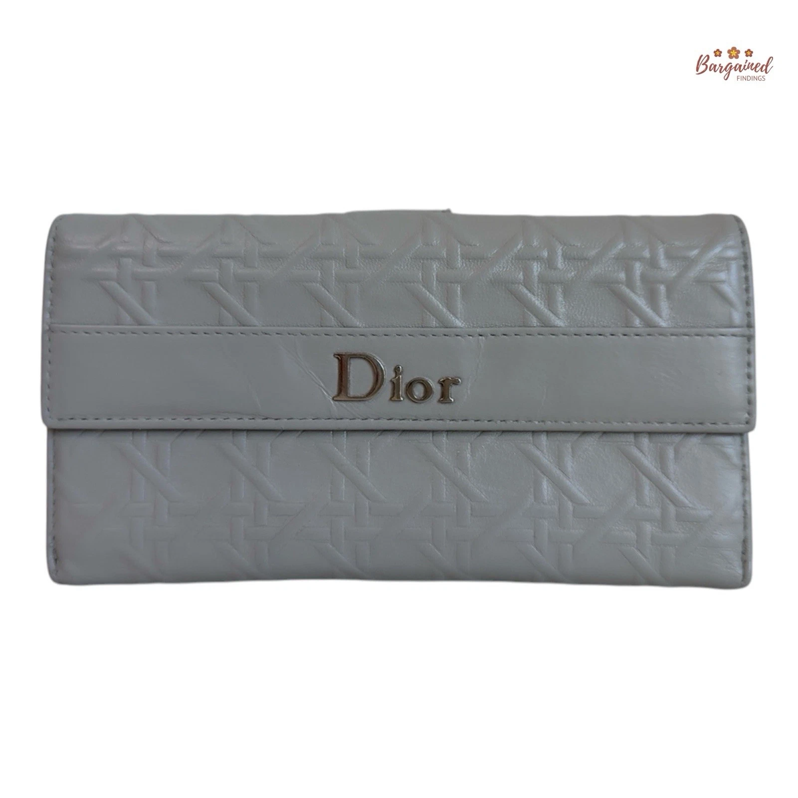Authentique portefeuille long continental Dior gris cannage cuir gaufré rabat français