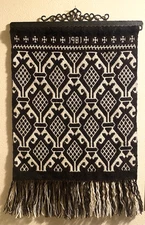 Vtg Nordic Woven Wool Wall Hanging Black White with Wrought Iron Hanger 27 x 18"