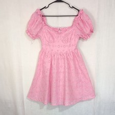 SheIn Baby Pink Eyelet Off-Shoulder Puff Sleeve Bustier Mini Dress Size Small