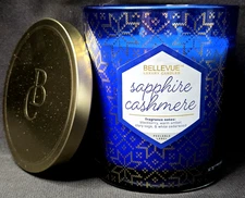 Bellevue Candle Sapphire Cashmere Blackberry Soy Blend 2 Wick Blue Gold 12 Oz