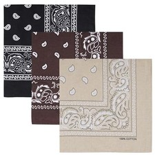 100 Cotton Large Bandanas for Men and Women, 22 Inch Black / Khaki / Brown