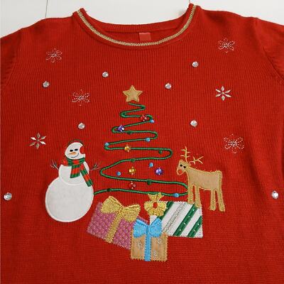 XXL Christmas Sweater Snowman Rudolph Reindeer Appliqued & Embroidered 