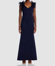 Eliza J Women's Blue V-Neck Tulle Ruffle Shoulder Sleeveless Gown Dress Size 8