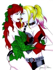 HARLEY QUINN & POISON IVY PRELUDE TO A KISS ORIGINAL COMIC ART ON CARD STOCK