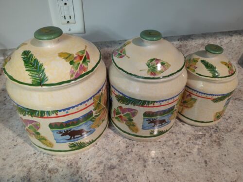Set Of 3 Vintage Canister Moose, evergreen, Harvest Lodge, Andrea Tachiera 2000 - Picture 1 of 8