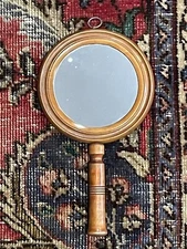 Victorian 1880s Antique Cherry/Maple Shaving Mirror Handheld 9.5” Carved Wood