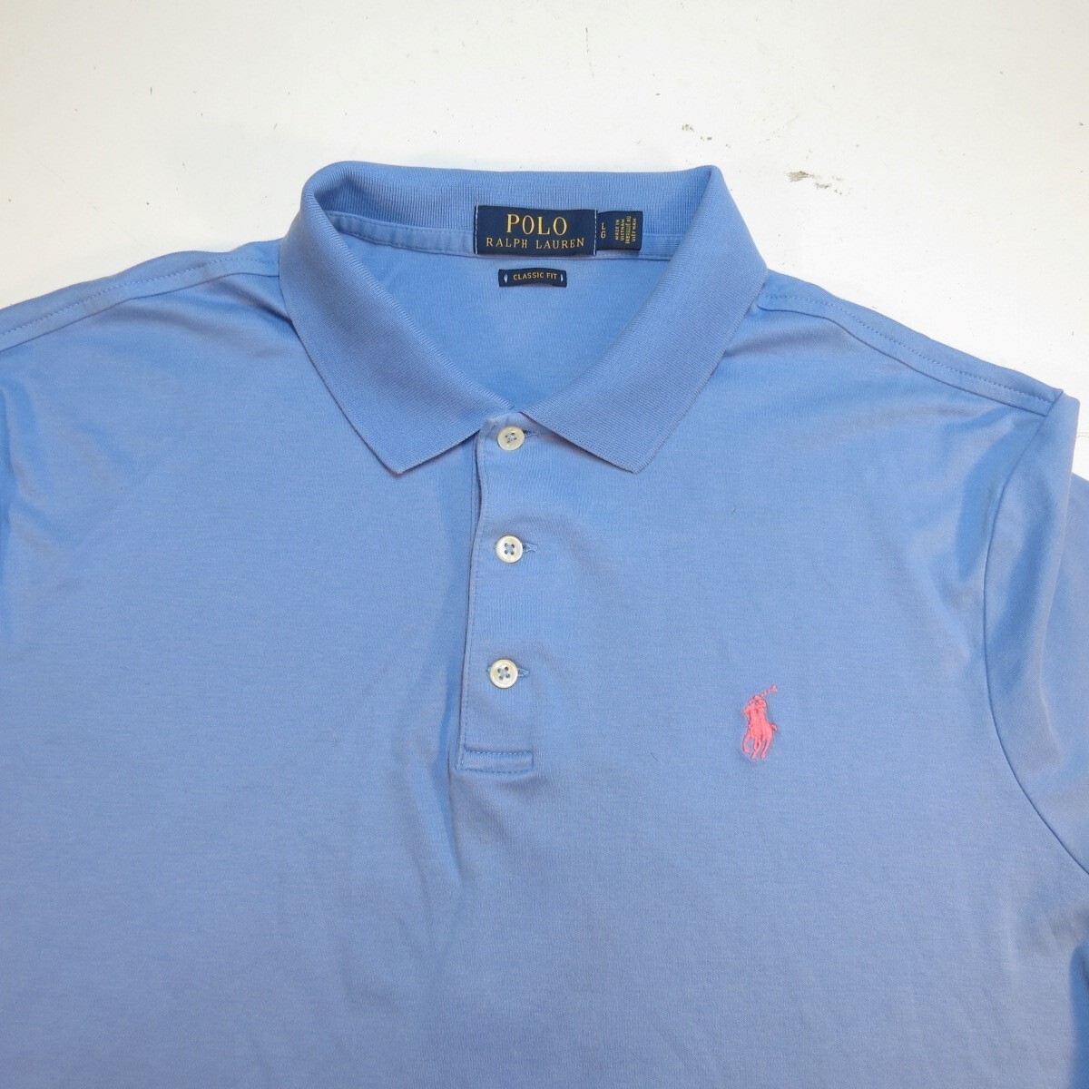 PONY RALPH LAUREN POLO CLASSIC FIT SHIRT uomo L blu con frangia rosa