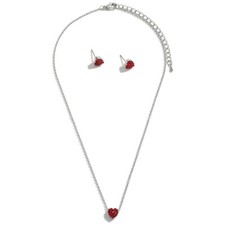 Pretty Silver  Red Rhinestone Crystal Tiny Heart Necklace  Earring Set