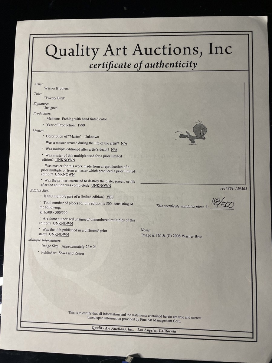 TWEETY BIRD Animation Art Limited Edition Etching WB Cels