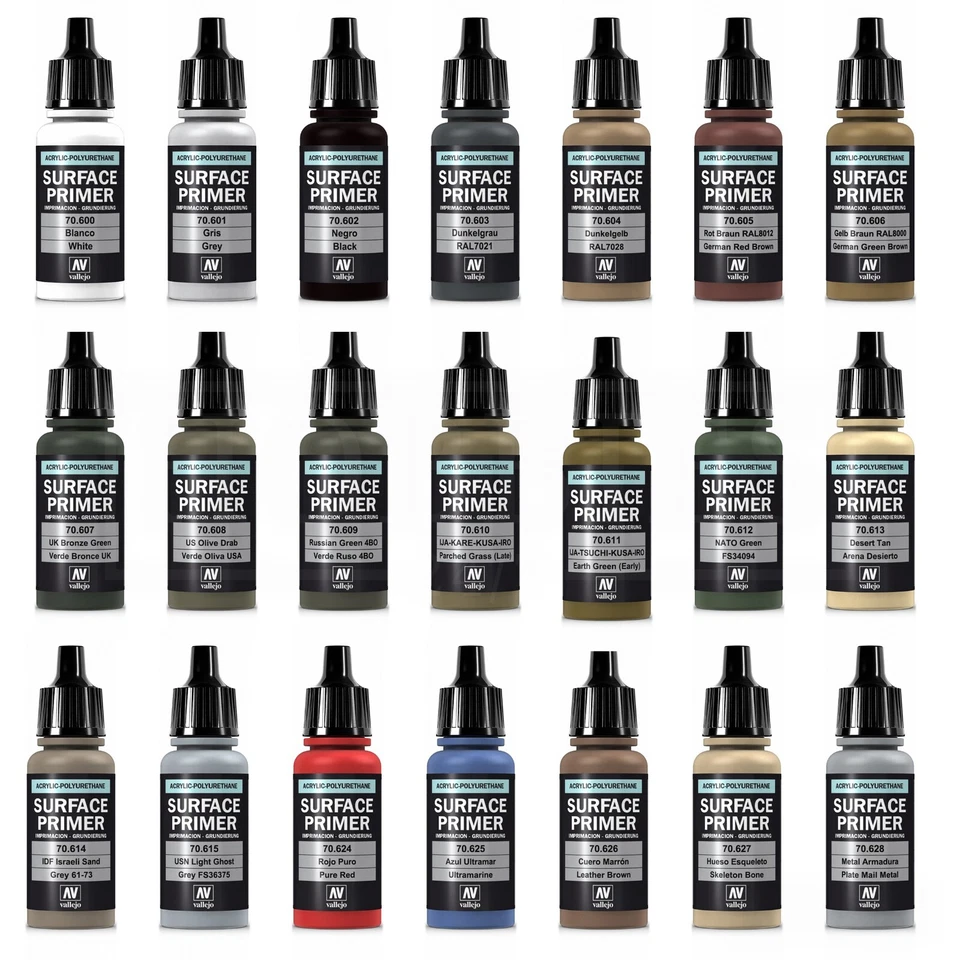 Vallejo Surface Primer Acrylic Model Air Brush Spray Black White Grey 17ml