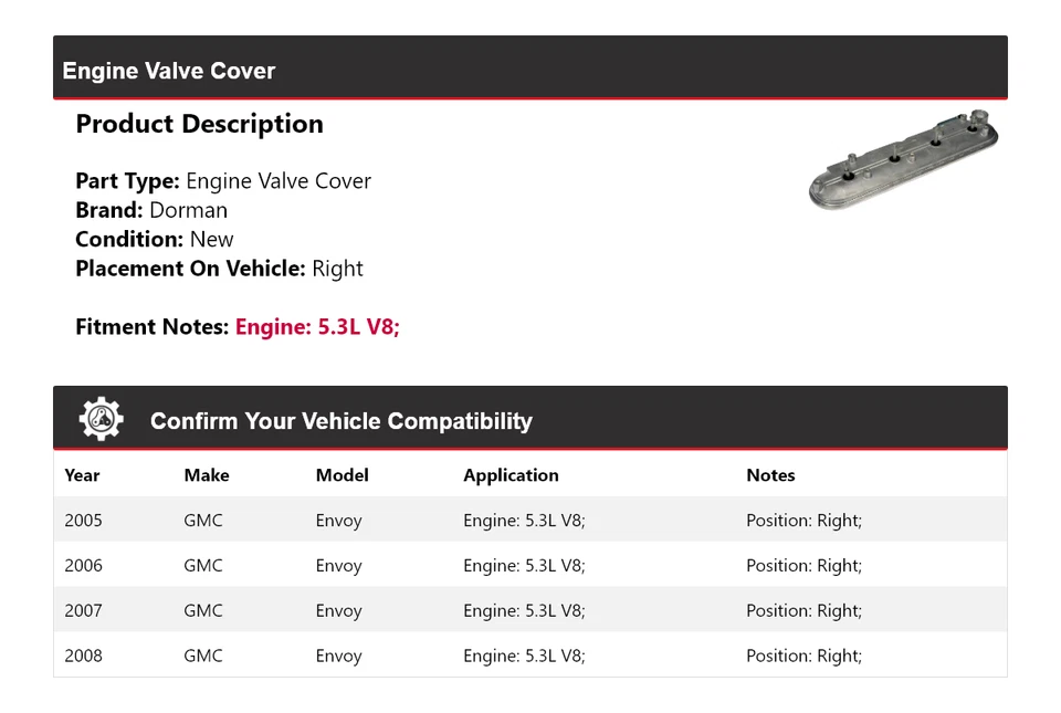 Cubierta de válvula de motor Dorman V8 5,3 L derecha 2006 2007 GMC Envoy 2005-2008 Foto 2 de 4