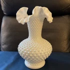 Fenton White Hobnail Milk Glass Vase with Ruffled Rim, 10 1/2in, Glossy
