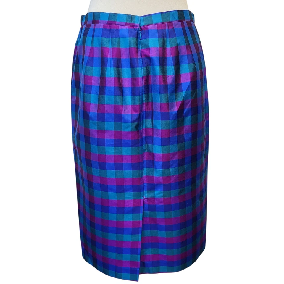 Falda Palid Vintage Años 80 Azul Verde Cuadros Lápiz Satinado Talla 12-14 W32 Foto 2 de 4