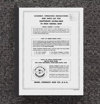 #ad #ad Operator Manual Fits Sears Craftsman 10 Accra Arm Radial Saw 113.29401 $15.97