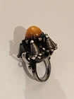 Vintage STERLING SILVER UNQIUE MODERNIST BALTIC AMBER STONE RING 5 CHINESE