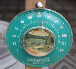 40's CHRYSLER PLYMOUTH & OLIVER MASSEY HARRIS TRACTOR Howell NE Thermometer Sign