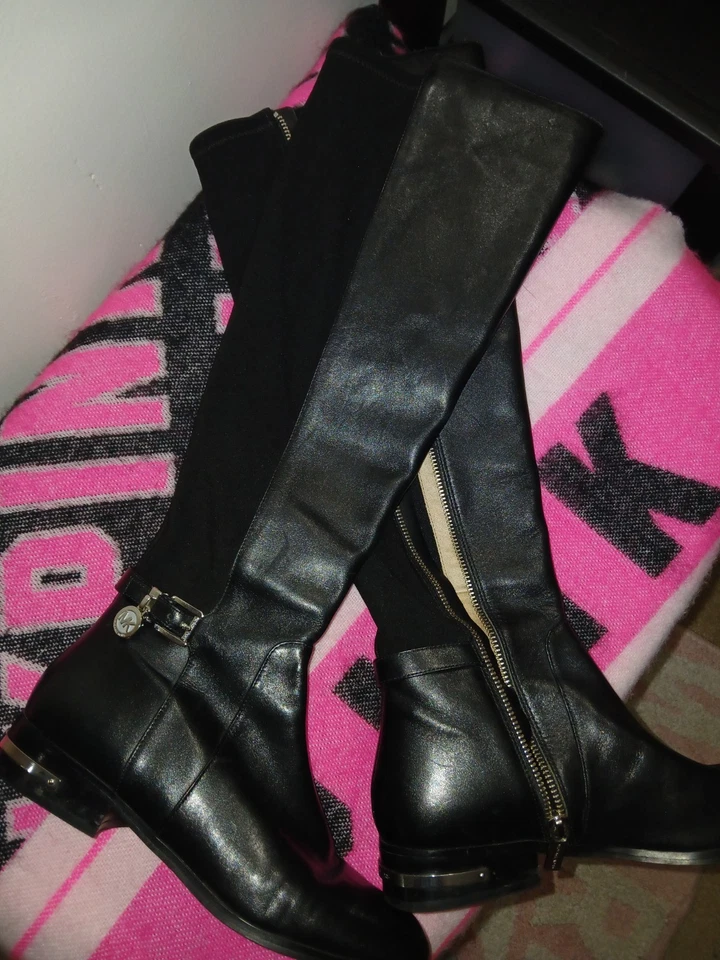 Botas altas de cuero Michael Kors hasta el muslo talla 7,5 para mujer detalles plateados con cremallera Foto 3 de 4