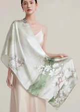 100% Silk mulberry Scarf Women shawl Wrap neckerchief floral white green HD1-30