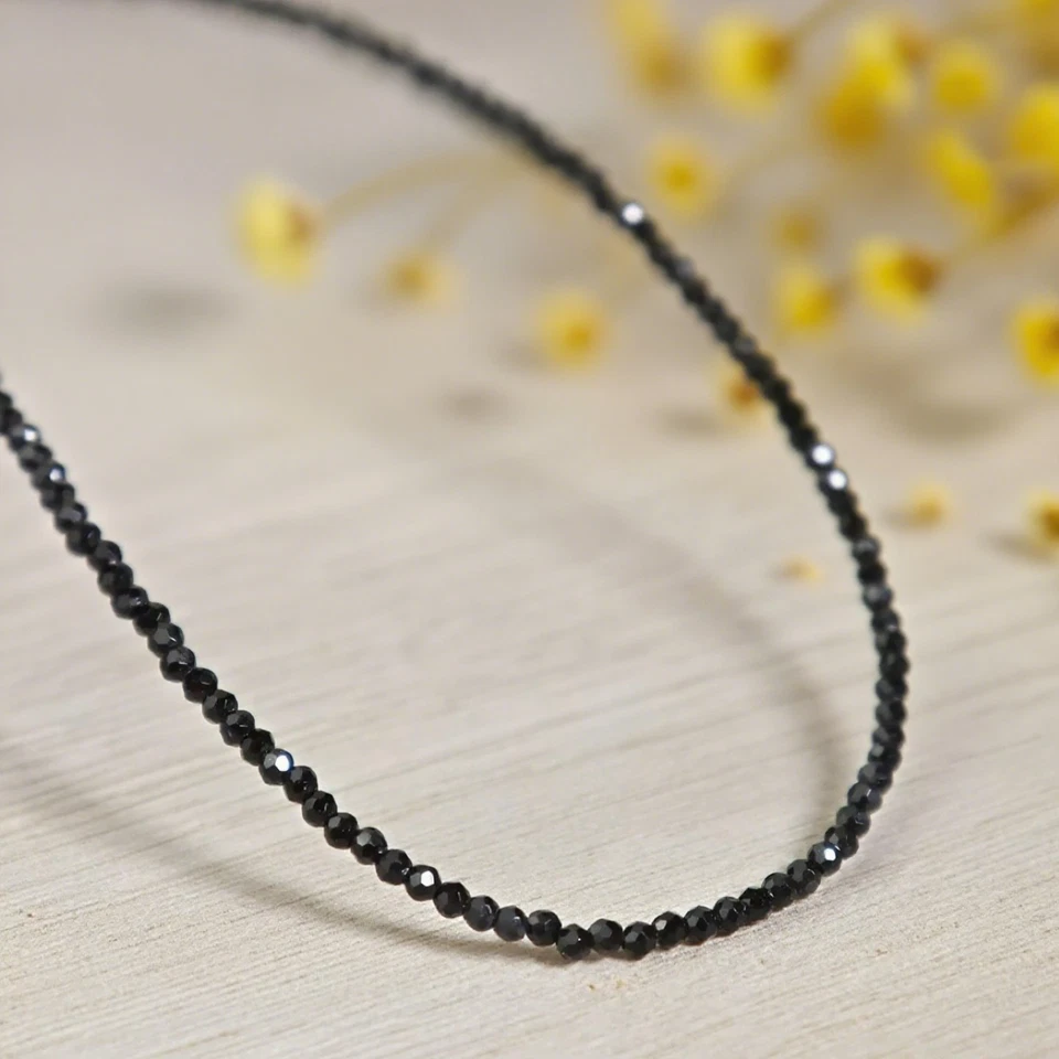 天然黑色黑曜石 2 毫米串珠项圈修复灵气保护女式项链 — 第 3/4 张图片
