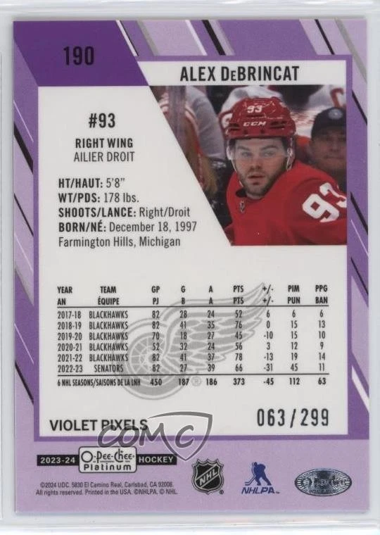 2023-24 O-Pee-Chee Platinum Violet Pixels /299 Alex DeBrincat #190 - Image 2 of 2