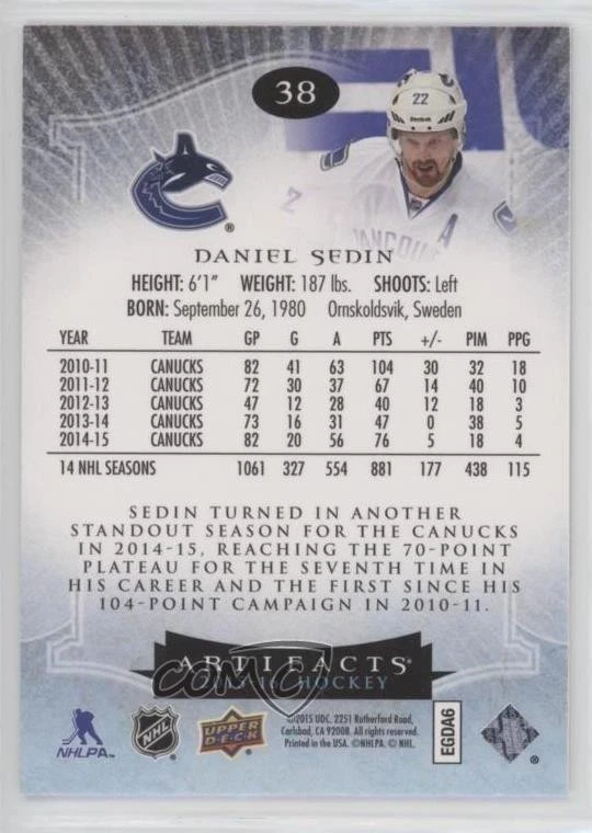2015-16 Upper Deck Artifacts Ruby /399 Daniel Sedin #38 HOF - Image 2 of 2