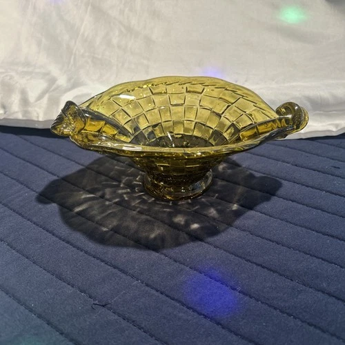 Vintage Fenton Amber Fused Art Glass Basket Weave Candy Dish with Twisted Handle