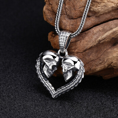S925 Sterling Silver TWIN SKULL Heart Pendant Gothic Love Textured Biker Charm