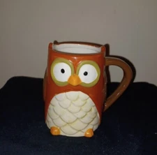 Tag Owl Shaped Bird Ceramic Coffee Tea Mug Cup Rust Orange 14 Oz