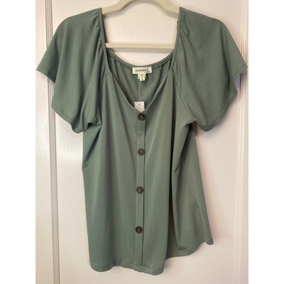 NWT MONTEAU Short Sleeve Top Shirt Button Up Large Moss Green Bell Sleeves 