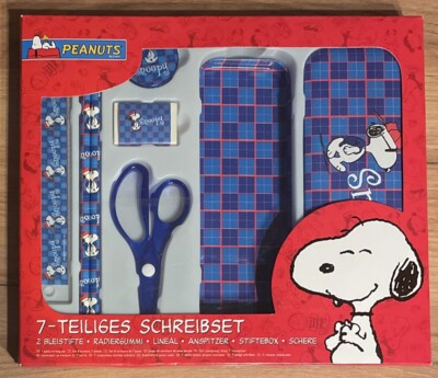 Snoopy Peanuts Vintage 7-Teiliges Schreibest - Schere Stiftbox Spitzer NEU OVP