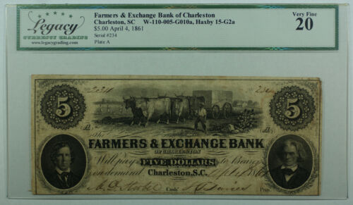 1861 $5 Five Dollar Bill Farmers Exchange Bank Charleston SC Legacy VF-20 - Afbeelding 1 van 2
