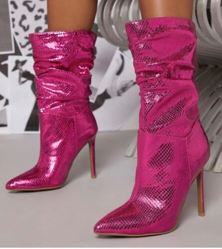 LADIES PINK FAUX LEATHER CALF LENGTH BOOTS SIZE 9 TRANSVESTITE TV CD DRAG - Picture 1 of 3