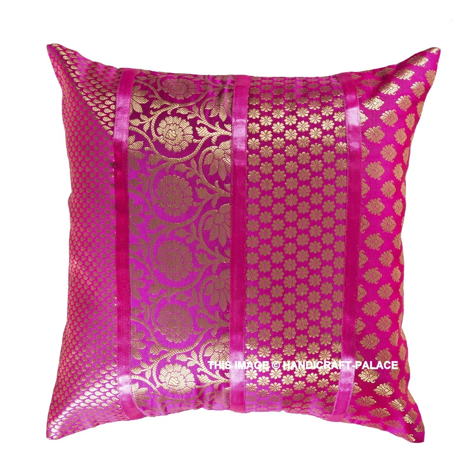 Capa de almofada de seda brocado fronha travesseiro indiano decoração feita à mão 16x16" - Imagem 2 de 3