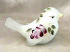 Fenton White Satin  Hand Painted Fat Bird, Purple Flowers, Signed