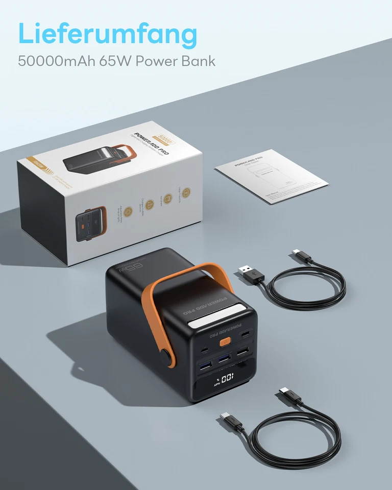 Powerbank 50000mAh, PD 65W Schnellladung, LED Display, 4 Ausgänge, Taschenlampe - Bild 3 von 4