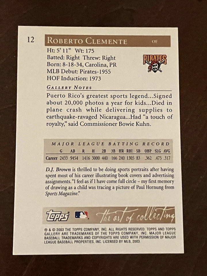 2003 TOPPS GALLERY HOF #12 ROBERTO CLEMENTE WHITE UNI ARTIST'S PROOF $0.99 Start - Image 2 of 2