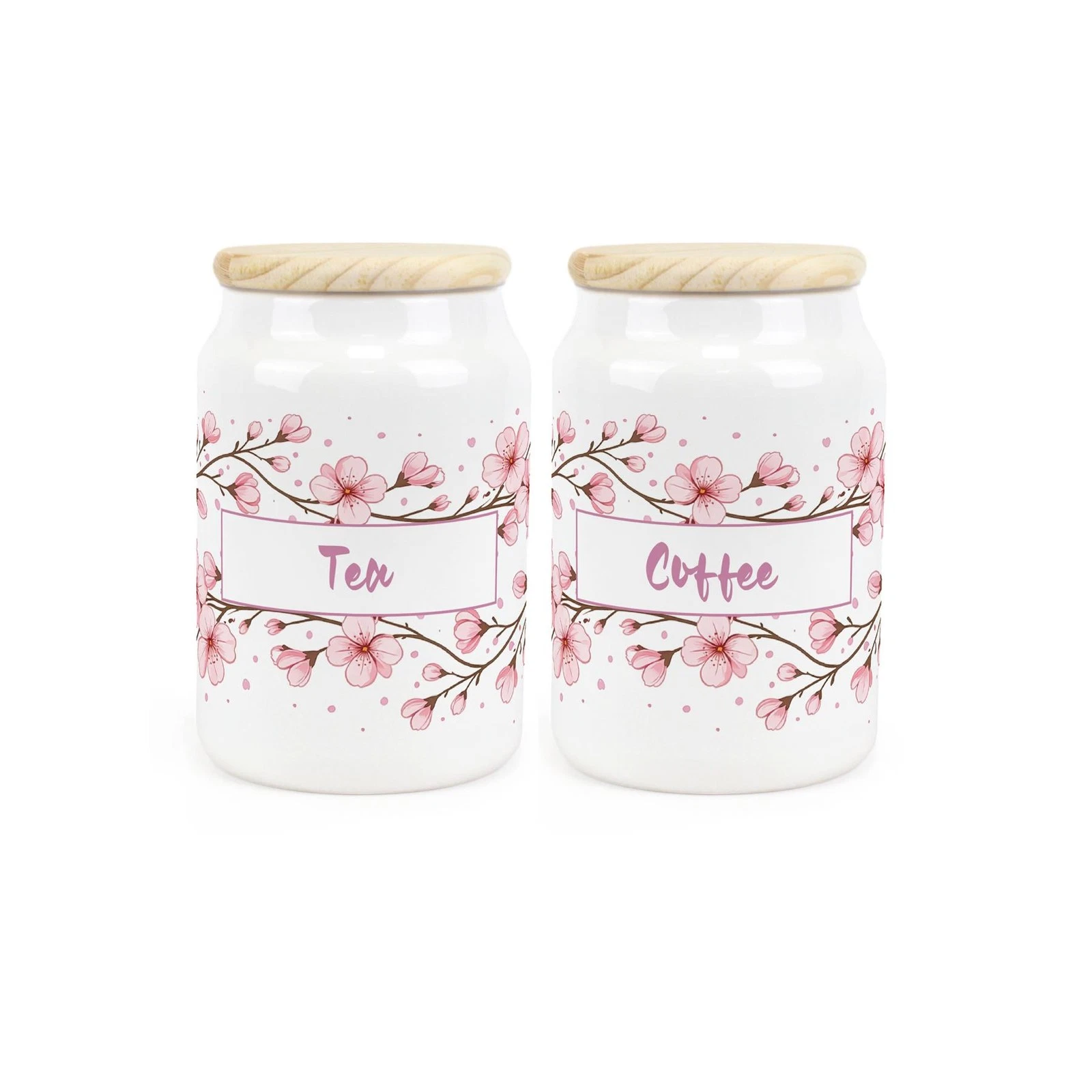 Cherry Blossom Tea & Coffee Canister Set - Pink Floral Ceramic Kitchen Jar Gift