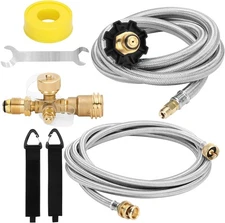 Propane Brass Tee 4 Port Adapter Kit with 5FT and 12FT Stainless Braided... 