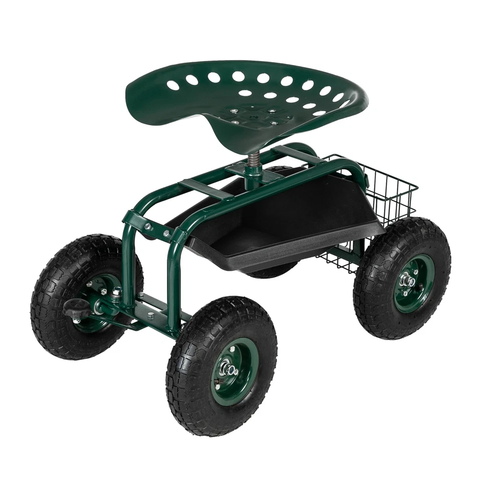 Garden Seat with Wheels Swivel Rolling Cart Garden Work Seat with Storage Basket - Image 3 of 4