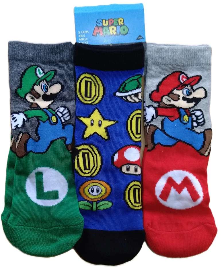 Super Mario Bro Socks Boys Girls 3 Pack 3 Sizes Mario Luigi 3 Pairs