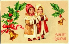 c 1908 CHRISTMAS Gold Gilt ANGELS Holly Bell  Postcard ANTIQUE Embossed Germany